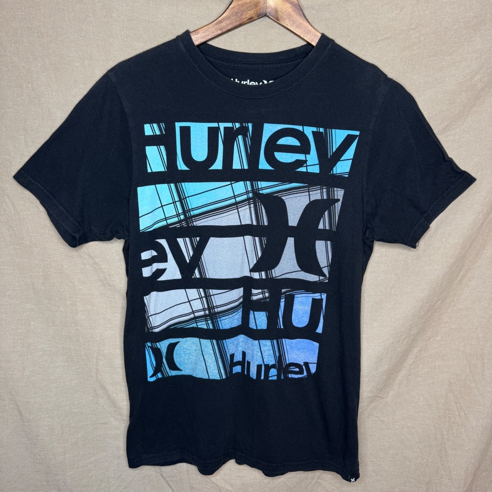 Hurley Mens Premium Fit Graphic T-Shirt Black Blue Logo Print Size Medium  Y2K